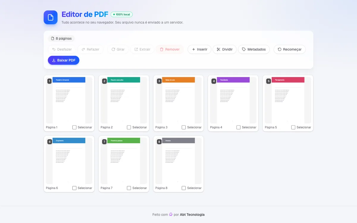 PDF Editor with a document of 8 pages open, showing the rotate, extract, remove, insert and split actions