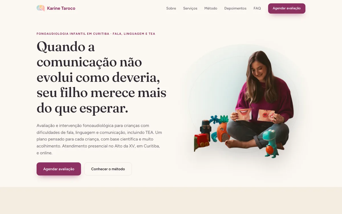 Página inicial do site da fonoaudióloga Karine Taroco