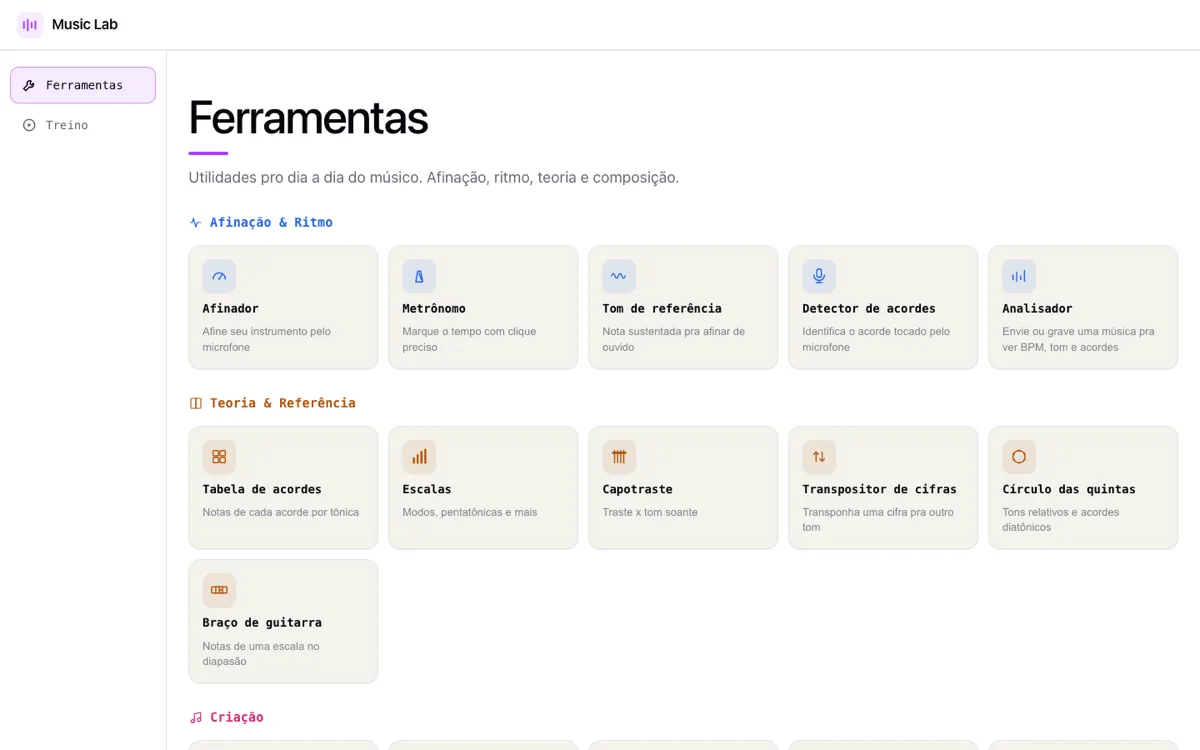Tela inicial do Music Lab com as ferramentas de afinação, teoria e criação musical