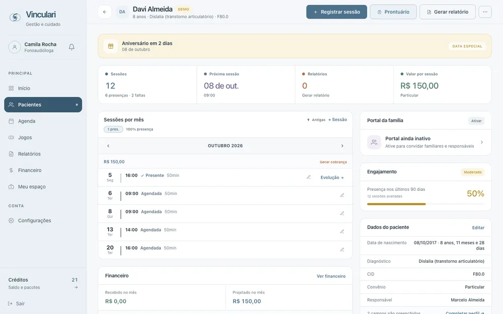 A patient page in Vinculari, with the month's sessions, the family portal and engagement